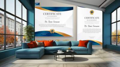 Premium gold and blue certificate of appreciation template, clean modern design with gold badge Wall mural