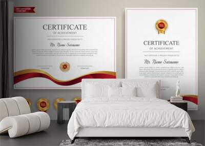 Red and gold certificate of achievement border template with luxury badge and modern line pattern. For award, business, and education needs Wall mural