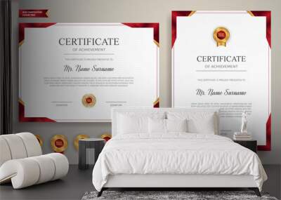 Red and gold certificate of achievement border template with luxury badge and modern line pattern. For award, business, and education needs Wall mural