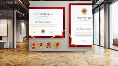 Red and gold certificate of achievement border template with luxury badge and modern line pattern. For award, business, and education needs Wall mural