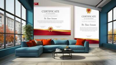 Red and gold certificate of achievement border template with luxury badge and modern line pattern. For award, business, and education needs Wall mural