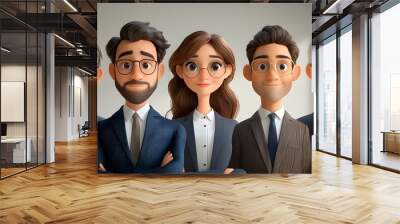 3D cartoon portraits of office professionals dressed in formal attire against a white background Wall mural