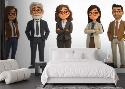 3D cartoon style portrait of office workers in professional attire, with a plain white background Wall mural