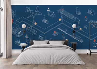 3D isometric Global logistics network concept with Transportation operation service, Export, Import, Cargo, Air, Road, Maritime delivery. Vector illustration EPS 10 Wall mural