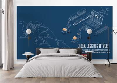 3D isometric Global logistics network concept with Transportation operation service, Export, Import, Cargo, Air, Road, Maritime delivery. Vector illustration EPS 10 Wall mural