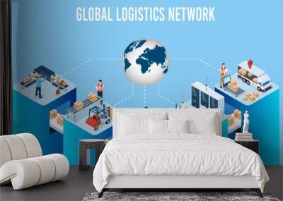 3D isometric Global logistics network concept with Transportation operation service, Supply Chain Management - SCM, Company Logistics Processes. Vector illustration EPS 10 Wall mural