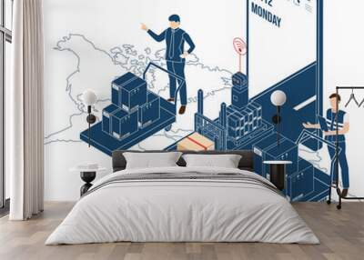 3D isometric Logistics and Delivery services concept with People delivering a box to a customer at home or office. Smart Logistics Business, Export and Import. Transparent PNG illustration Wall mural