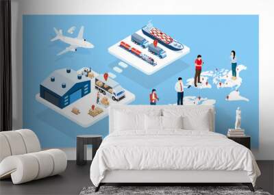 3D isometric Smart global logistics concept with Export, Import, Warehouse business, Robot tracking system and transportation truck use wireless technoloty. Eps10 vector illustration Wall mural