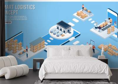 3D isometric Smart logistics concept with Warehouse Logistics and Management, Logistics solutions complete supply chain, transportation truck use wireless technoloty. Eps10 vector illustration Wall mural