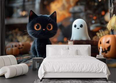 A 3D cartoon Halloween scene featuring a black cat, a floating ghost, and a stack of spooky books, perfect for festive cards. Wall mural