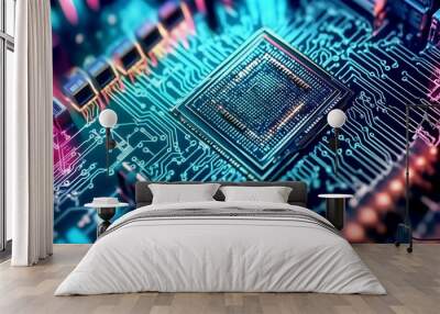 A closeup of a microchip with intricate circuitry and glowing elements Wall mural