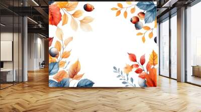 A colorful autumn frame with hand-painted watercolor leaves and acorns in vibrant shades of orange, red, and yellow. Wall mural