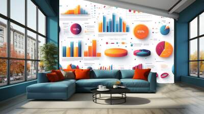 A vector infographic showing business analysis with colorful bar graphs and pie charts on a plain white background, highlighting data clarity. Wall mural