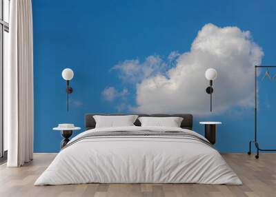 Beautiful white fluffy cloud floating in blue sky in sunny day, Cumulus are clouds which have flat bases and are often described as puffy, Horizon nature background with free copy space. Wall mural