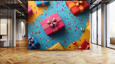 Boxing Day sale poster design template with bright vector gift boxes, bold sale text, and festive elements like confetti and ribbons for an engaging background. Wall mural