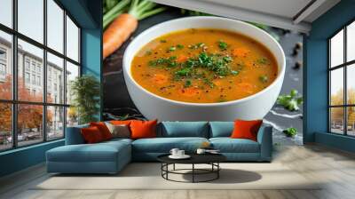 clean white bowl of fresh vegetable soup with carrots, herbs, and spices, showcasing vibrant colors and hearty texture. Perfect for comforting meal Wall mural