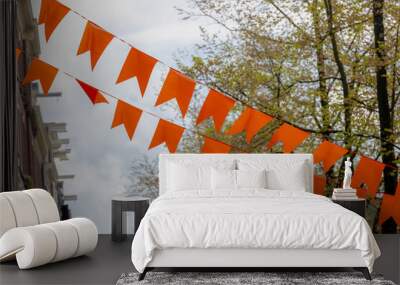 Colourful of King’s Day (in Dutch: Koningsdag) Selective focus of pennant orange flags hanging on the line outside along street with blurred building as background, National holiday in Netherlands. Wall mural