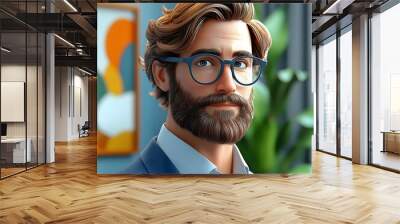 Detailed 3D character avatar with expressive eyes, smooth skin, and modern hairstyle, wearing casual attire in a virtual setting Wall mural