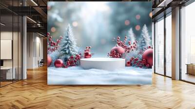 Festive holiday backdrop showcasing a cylindrical pedestal in a snowy setting, surrounded by Christmas trees and glass balls, ideal for seasonal displays. Wall mural