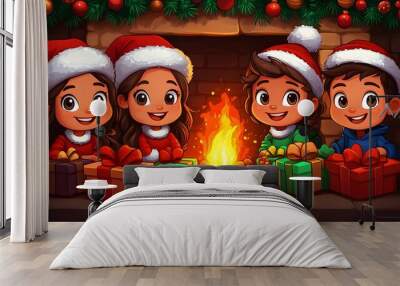 Group of friends exchanging holiday gifts by a warm fire with festive decorations, cartoon vector style Wall mural