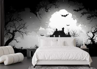 Halloween House Illustration: A haunted house with bats circling, captured in a papercut style with intricate details. Wall mural