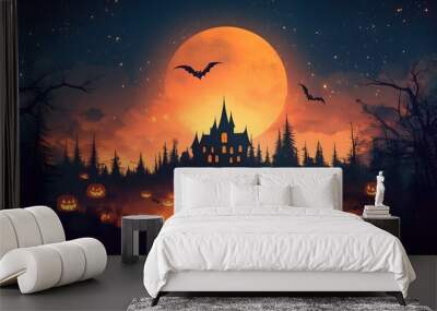 Halloween Night Scene: A vector flat illustration of a spooky landscape with a haunted house, pumpkins, and flying bats. Wall mural