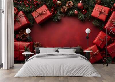 Holiday flat top view with 3D red gift boxes, sparkling garland, and lush green branches, arranged in a festive and vibrant Christmas composition. Wall mural