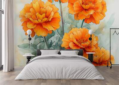 Marigolds in watercolor, adding color to kids activities and beautiful wall decor Wall mural