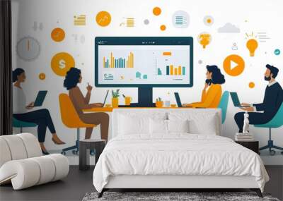 Online meeting interface with business team sharing ideas through video conferencing, vector style Wall mural