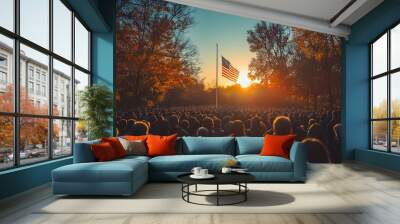 People gathered in a formal setting, saluting the American flag as it is raised during a Flag Day celebration. Wall mural