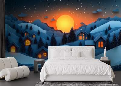 Serene night scene of a winter village, softly lit homes and snow-covered trees under a starry sky, 3D paper art cut style. Wall mural