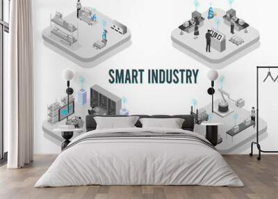 Smart Industry isometric design with development production packaging, global logistics partnership, delivery and automated production line. Vector illustration Eps10 Wall mural