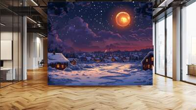 Snowy winter night in a tranquil village, urban landscape in the distance, with a glowing full moon. Designed for festive holiday banners, cartoon vector style. Wall mural