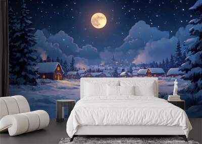 Snowy winter village with a distant cityscape and a full moon in the night sky, ideal for holiday designs in a cartoon vector style. Wall mural