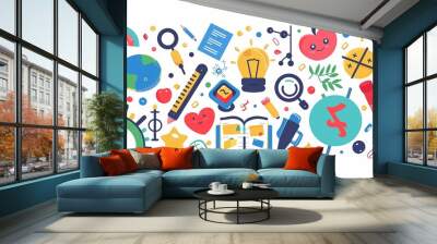 Teacher Appreciation Day banner with a collage of educational symbols, celebratory text, and vibrant colors on a clean white background Wall mural