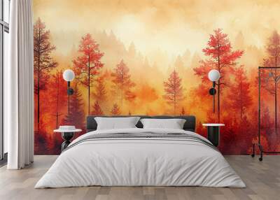 Vibrant autumn forest with watercolor texture, leaves in shades of red and yellow Wall mural