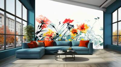 Wild flowers in Chinese brushstroke, artistic expression, white backdrop Wall mural