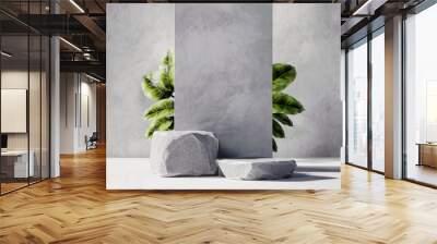 3D rendering stone platform podium with plant product presentation background Wall mural