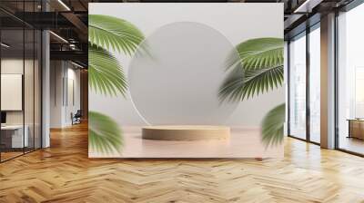 Abstract wooden platform podium showcase for product display with palm leaves 3d render Wall mural