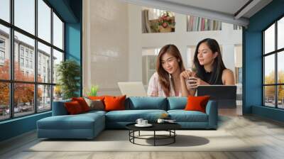 Portrait of Two young women searching for information on a laptop for shopping in a happy manner. Wall mural