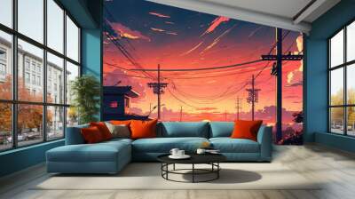 Anime scene of landscape with sunset and sky view. Digital painting. Illustration style. Anime painting line art. Generative AI. Wall mural