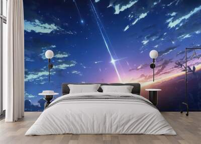 Anime sky art wallpaper background. Fantasy sky with beautiful star falls, Star falls with beautiful flares, Starry night, Beautiful starry night with sky view, Digital art style, Generative AI.  Wall mural