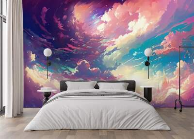 Beautiful sky cloud and sunset view with digital art style, Sunset with beautiful glowing flare light, Colourful cloudy, Fantasy sky, Digital art style, Illustration painting, Generative AI.  Wall mural