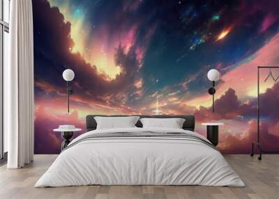 Beautiful sky cloud and sunset view with digital art style, Sunset with beautiful glowing flare light, Colourful cloudy, Fantasy sky, Digital art style, Illustration painting, Generative AI.  Wall mural