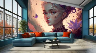 Glamorous girl illustration. Digital art painting style. Beautiful girl with soft rimlight from background. Fantasy girl portrait. Generative AI. Wall mural