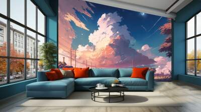 Sky with beautiful sunset light. Fantasy sky anime art style wallpaper background. Cloudy day in anime theme. Digital art style. Illustration painting. Generative AI. Wall mural