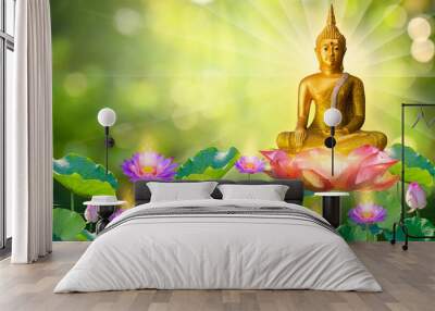 Buddha statue water lotus Buddha standing on lotus flower on orange background Wall mural