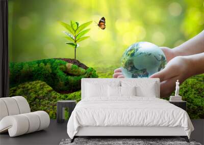 Concept Save the world save environment The world is in the grass of the green bokeh background Wall mural