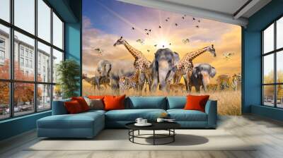 Large group of african safari animals. Wildlife conservation concept Wall mural