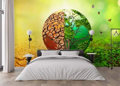 tree in two  with very different environments Earth Day or World Environment Day Global Warming and Pollution Wall mural